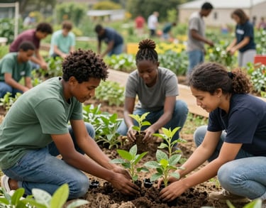A vibrant community garden project where diverse volunteers are planting green seedlings together, representing sustainable development, soft daylight, lush green and beige earthy tones, International / Diverse Communities.