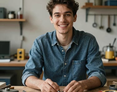 A portrait of a young entrepreneur in a workshop setting, smiling confidently while working with tools, representing economic empowerment, International / Diverse Communities.