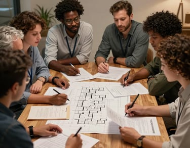 A group of diverse professionals sitting around a wooden table in a collaborative meeting, looking at blueprints and documents, warm indoor lighting, International / Diverse Communities.