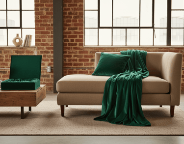 Modern beige chaise lounge with a green velvet throw & pillow in a loft featuring a limewash  wall.