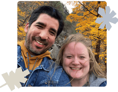 Man and a woman with trees behind them and woodcuts of leaves and flowers overlaying them.
