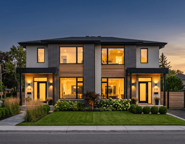 Modern luxury semi-detached house exterior with glowing windows and professional landscaping at sunset.