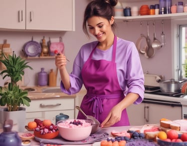 mujer feliz cocinando postres