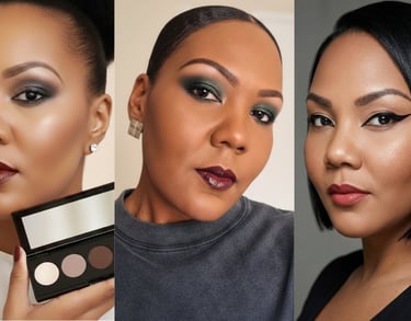 Collage of professional makeup looks on a Black woman featuring smoky eyes, winged eyeliner, and bold lipstick.