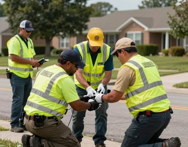 An action shot of North American aid workers in high-visibility gear providing assistance during a recovery effort in a US suburban neighborhood.
