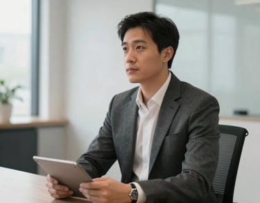 A professional photograph of a North American man in a charcoal suit, sitting at a conference table in a bright modern office.