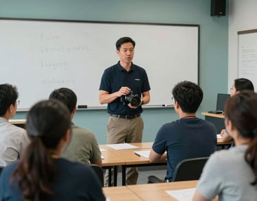 A professional photography shot of a North American job training workshop, where an instructor is mentoring a small group of adults in a bright, modern classroom with muted teal accents.