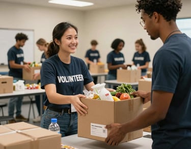 A candid photography shot of North American volunteers distributing fresh food boxes in a clean, well-organized community center.