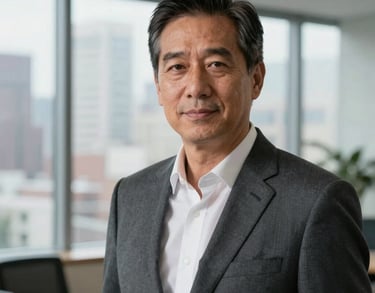 A professional headshot of a mature North American man in a dark slate gray suit, standing in a modern office with large windows overlooking a city.