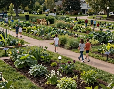 A wide photography shot of a North American community garden and sustainable park, showing families walking through green spaces with solar-powered lighting.
