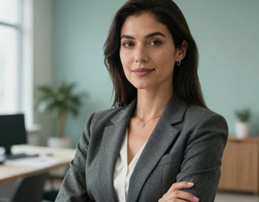 A portrait of a North American woman in a professional charcoal blazer, looking confident in a bright, contemporary workspace with muted teal decor.