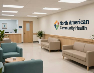 A high-quality photo of a North American community health clinic lobby, showing a clean, professional, and welcoming atmosphere with beige and muted teal furniture.
