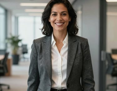 Portrait of a smiling North American woman in professional business attire, standing in a brightly lit office corridor with dark slate gray details.