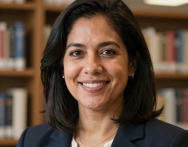 A professional portrait of a North American woman with a friendly smile, set in a professional library environment with soft lighting.