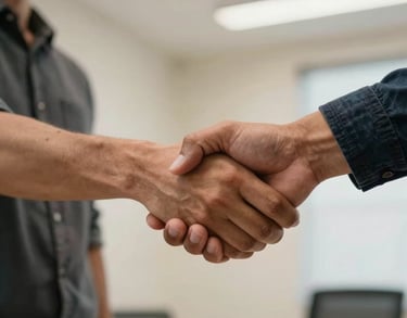 A close-up high-quality photo of hands of diverse North American people shaking, representing a collaborative partnership, in a bright office space with soft beige walls.