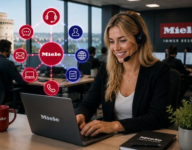 Smiling Miele customer service representative with headset working at a laptop in a modern office.