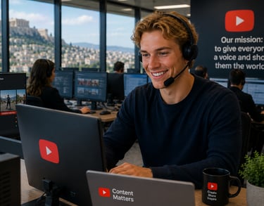 A smiling YouTube content moderator wearing a headset reviews flagged videos at a modern office desk.