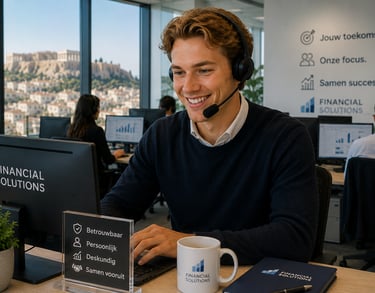 Smiling financial solutions advisor with headset working in an office with views of the Acropolis in Athens.