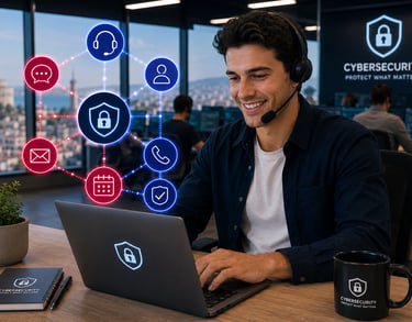 A smiling male specialist wearing a headset while working on a secure laptop in a cybersecurity operations center.