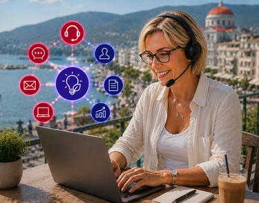 A smiling remote worker with a headset using a laptop outdoors with digital business icons.