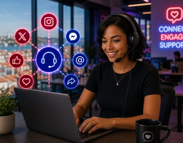 A smiling customer service agent uses a laptop and headset with glowing social media icons.