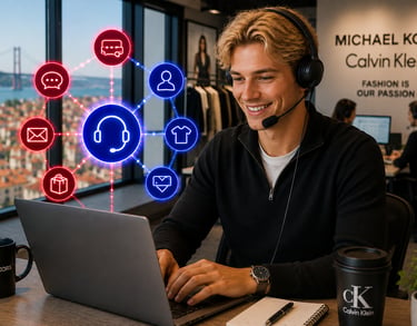 A male customer service agent with a headset using a laptop for multi-channel fashion support.