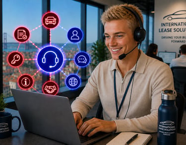 A smiling customer support agent with a headset providing international car lease solutions via laptop.