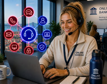 Smiling online banking customer support agent with headset working on a laptop with digital service icons.