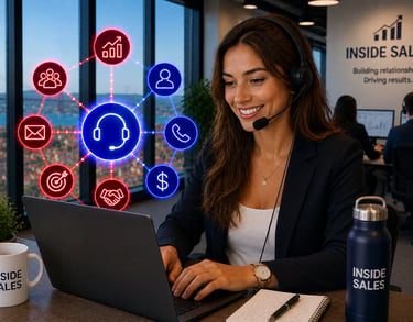 A smiling woman in a headset works on a laptop in an office, with sales-related icons connecting to her headset and a
