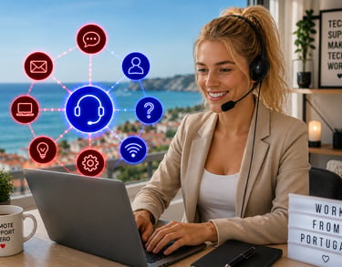Woman wearing a headset and smiling, providing remote tech support from Portugal with digital support icons overlaid.