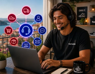 Smiling Foot Locker customer service representative with headset using a laptop and digital icons.