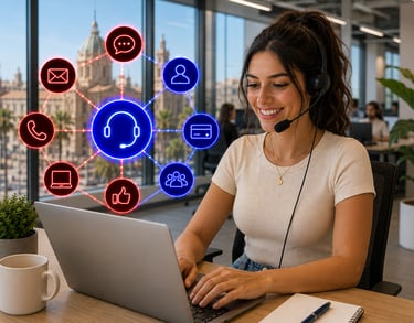 A smiling customer service agent with a headset uses a laptop with omnichannel support icons.