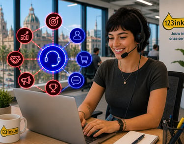 Customer service representative using a headset and laptop with 123inkt.nl branding and digital icons.