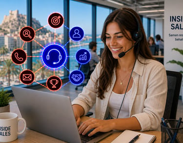 Smiling inside sales representative using a headset and laptop in a modern office with digital icons.