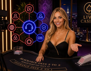 A smiling live casino dealer at a blackjack table with glowing neon gambling and support icons.