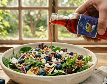 Vertiendo vinagre balsámico de arándanos gourmet sobre una ensalada fresca con nueces y queso feta.