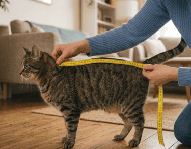 Una persona usa una cinta métrica amarilla para medir la longitud de un gato atigrado en una sala