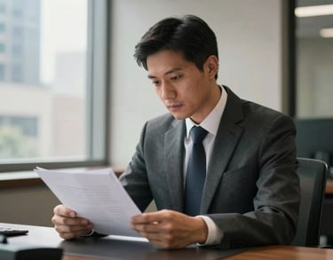 A photograph of a male legal advocate in a North American urban office setting, looking focused while reviewing files, soft natural light coming from a nearby window.