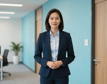A professional portrait of a legal policy director in business casual attire standing in a brightly lit, modern North American office hallway with a Celadon Blue accent wall.