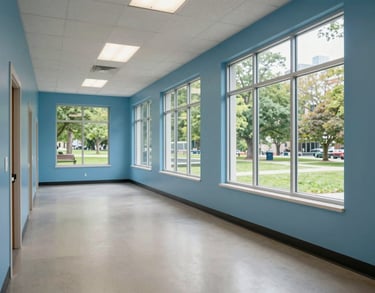 A wide-angle interior shot of a welcoming community center hallway in the US, with walls painted in a calming Powder Blue and large windows overlooking a green city park.