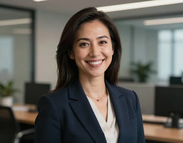 A professional headshot of a female lead attorney in a North American corporate setting, wearing a dark navy blazer, smiling warmly with a blurred office background.