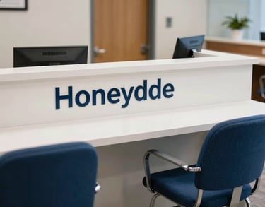 A bright photograph of a North American legal aid reception area with a Honeydew white desk and Prussian Blue chairs, looking professional and trustworthy.