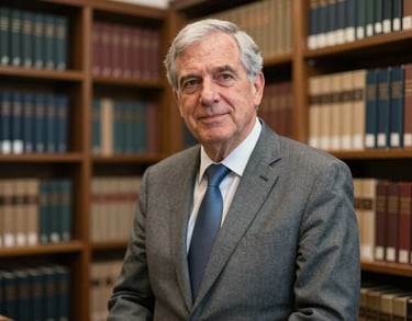 A candid photograph of a senior legal counsel in a US law library, surrounded by bookshelves, wearing a professional grey suit and looking approachable.