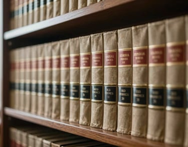 A photograph of a legal library shelf with classic law volumes in a North American office, filtered through soft sunlight to evoke a sense of tradition and wisdom.