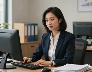 A portrait of a professional paralegal in a North American law office, sitting at a desk with a computer and organized folders, looking helpful.