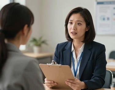 A photo of a case manager in a North American social service setting, holding a clipboard and talking to someone off-camera with an empathetic expression.
