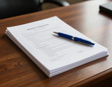 A close-up photograph of a polished wooden desk in a North American legal office, featuring a stack of official documents and a soft Prussian Blue pen, bathed in bright, natural morning light.