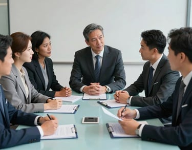 A lifestyle photograph of a diverse legal team in a North American boardroom having a collaborative discussion, focused on documents on a Celadon Blue table.