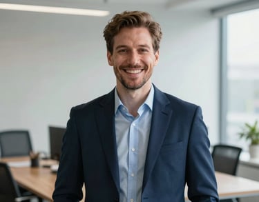 A portrait of a male specialist in a professional Danish office, dressed in a navy blue suit, smiling empathetically towards the camera, with natural light and a clean, expert atmosphere.