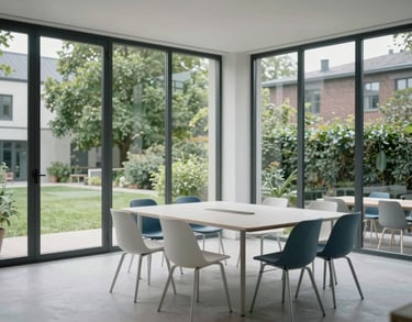 Interior shot of a modern, minimalist Danish meeting room with large windows overlooking a green urban space, featuring furniture in soft white and steel blue tones, conveying a sense of transparency and calm.